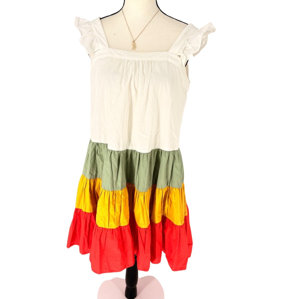 THML White Tiered Dress Sleeveless‎ Mini Ruffle Green Yellow Red Casual S